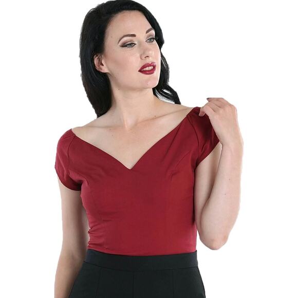 Hell Bunny Petunia Burgundy Red V-Neck Cap Sleeve Pinup Retro Top Size XS - Picture 1 of 9